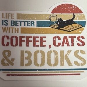 Retro Coffee Cats & Books Vinyl Sticker